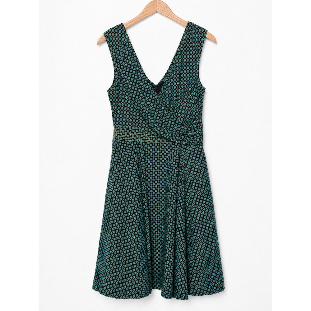 eShakti Twee Teal Sleeveless Wrap Dress Size L Midi Lined Geometric Artsy